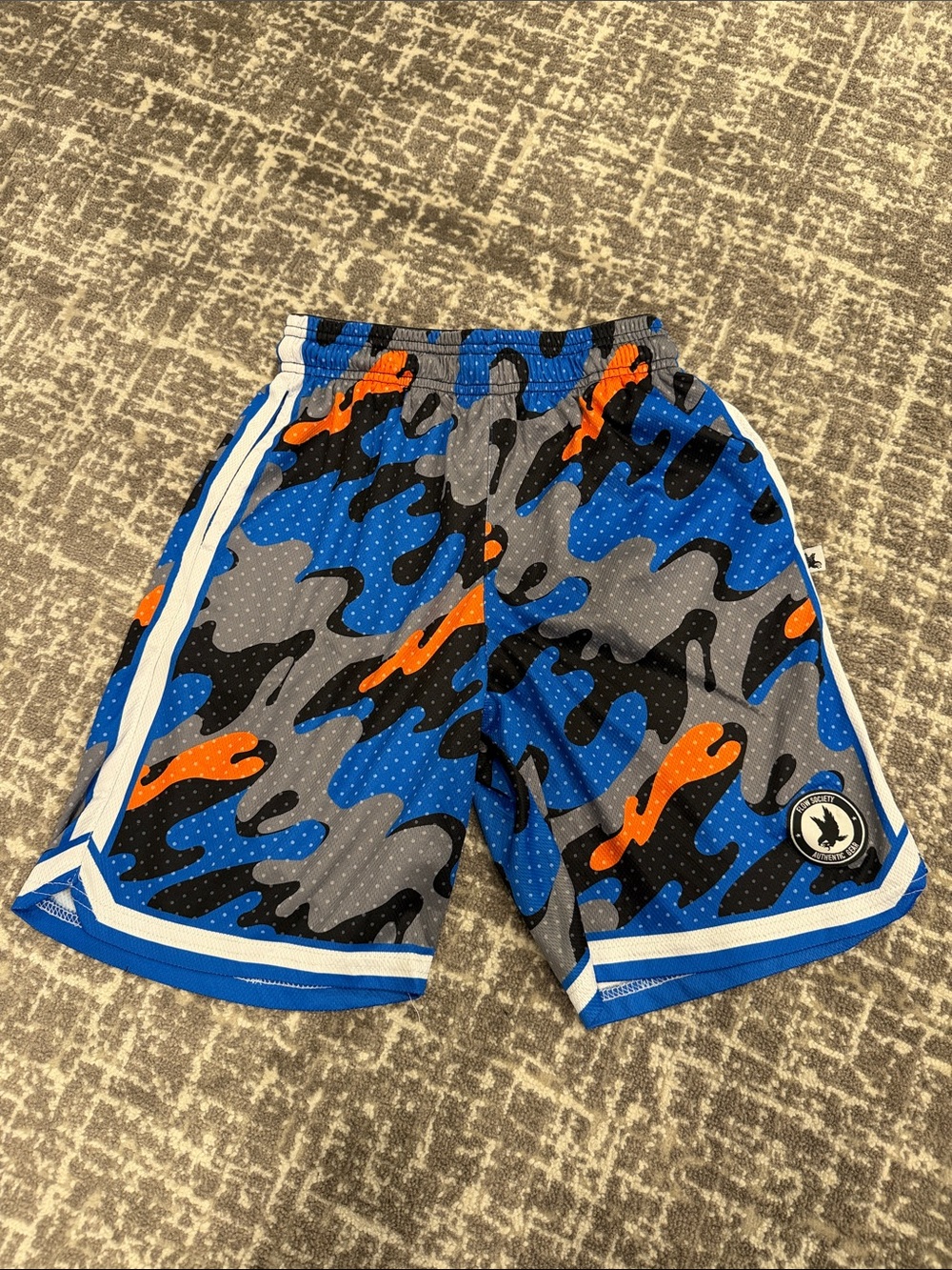 Flow Society Kids Blue & Gray Camo Athletic Shorts with Orange Accents